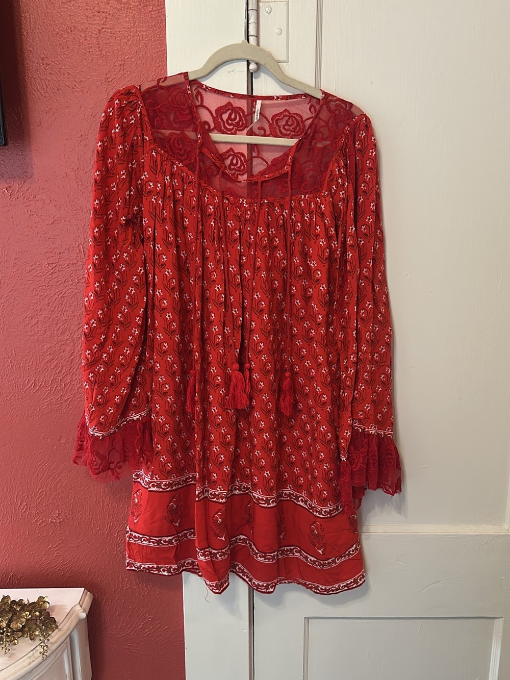 Free People Red Floral Crochet Trim Tunic
